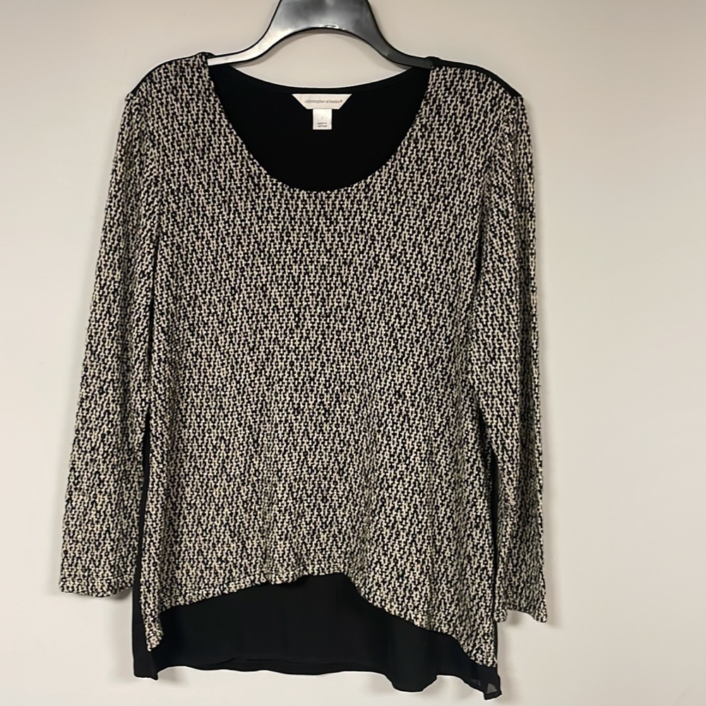 Christopher & Banks Long Sleeve Pullover Top Size L,  Tan/ Black woven front